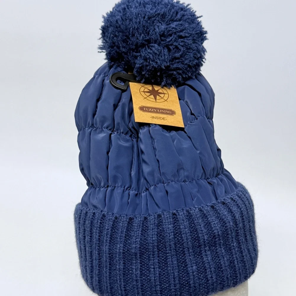 Fanes Paul Youth Navy Blue Puffer Knit Beanie Fuzzy Fleece Lined Pom Hat
