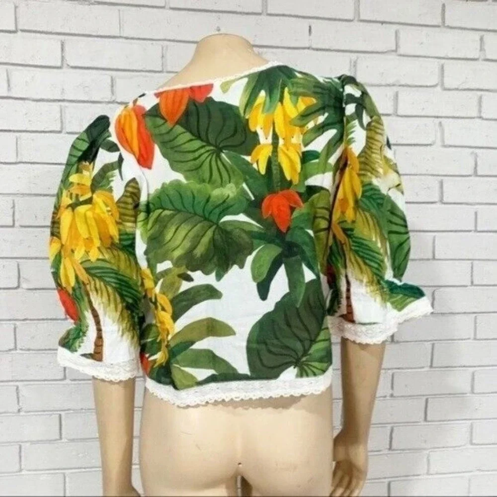 Farm‎ Rio Tropical Lace Trim Cocoa Forest Puff Sleeve Square Neck Top  | Size M