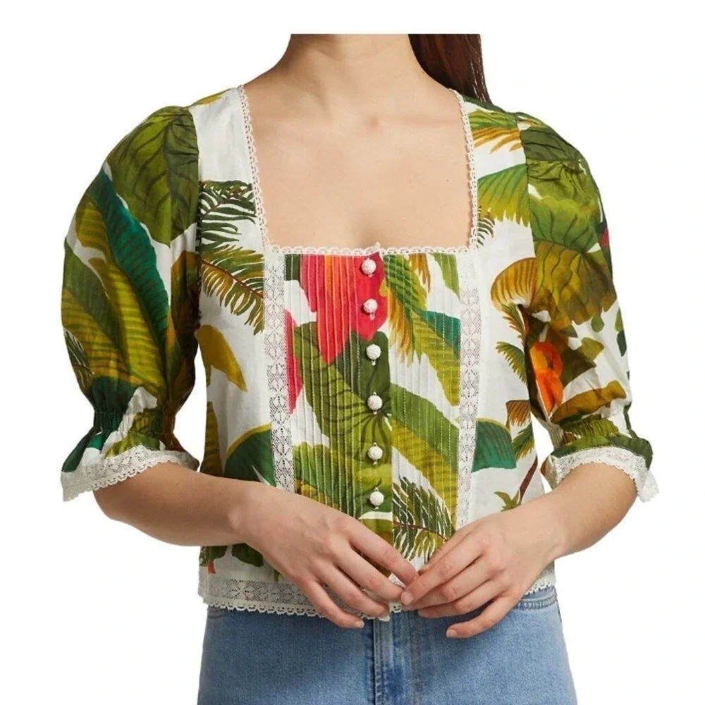Farm‎ Rio Tropical Lace Trim Cocoa Forest Puff Sleeve Square Neck Top  | Size M