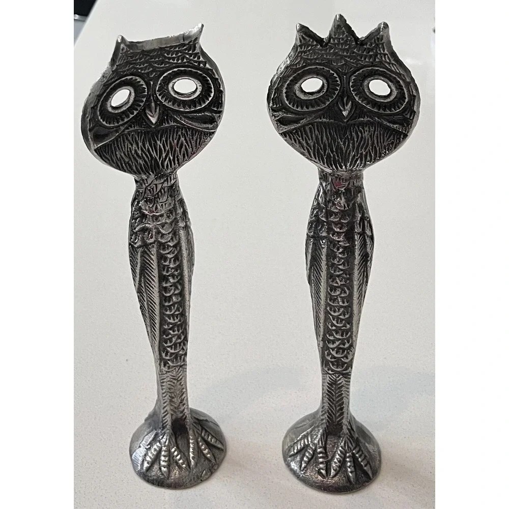 Retired Pottery Barn Metal Owl Salad‎ Serving Utensils Pair RARE