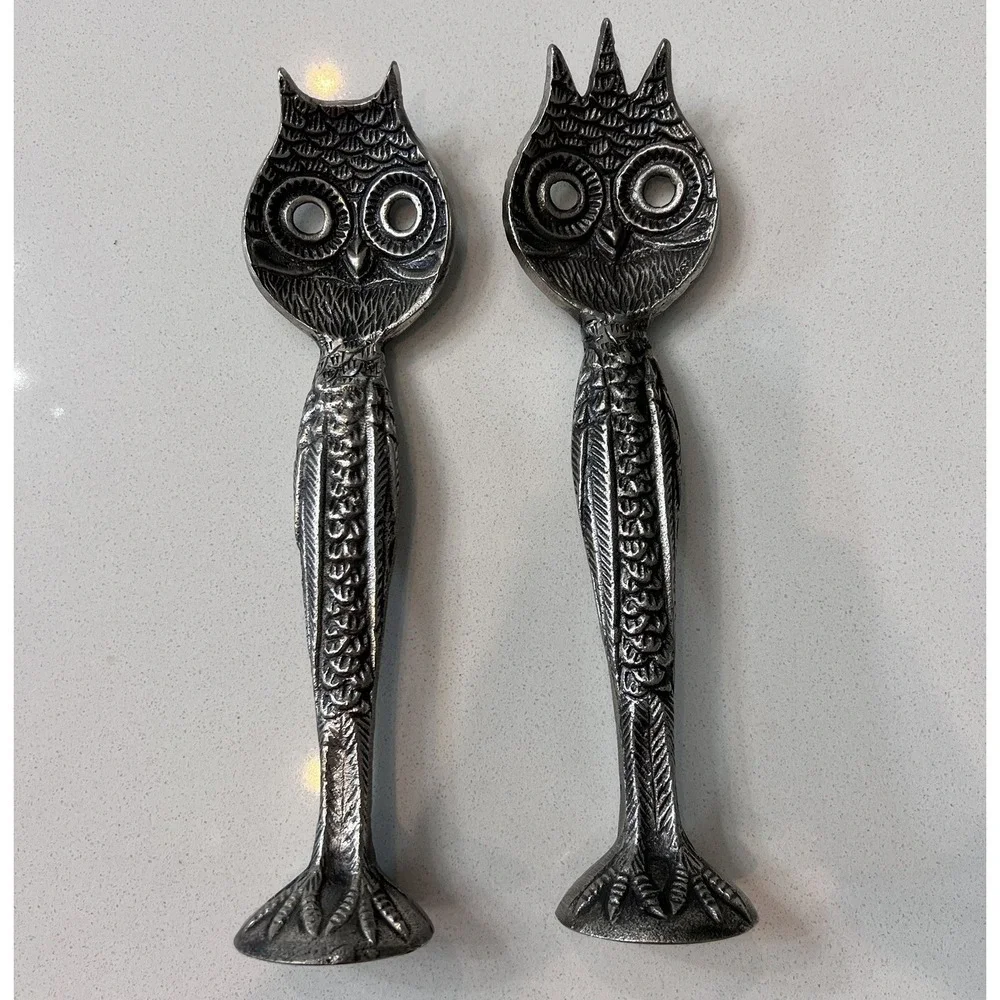 Retired Pottery Barn Metal Owl Salad‎ Serving Utensils Pair RARE