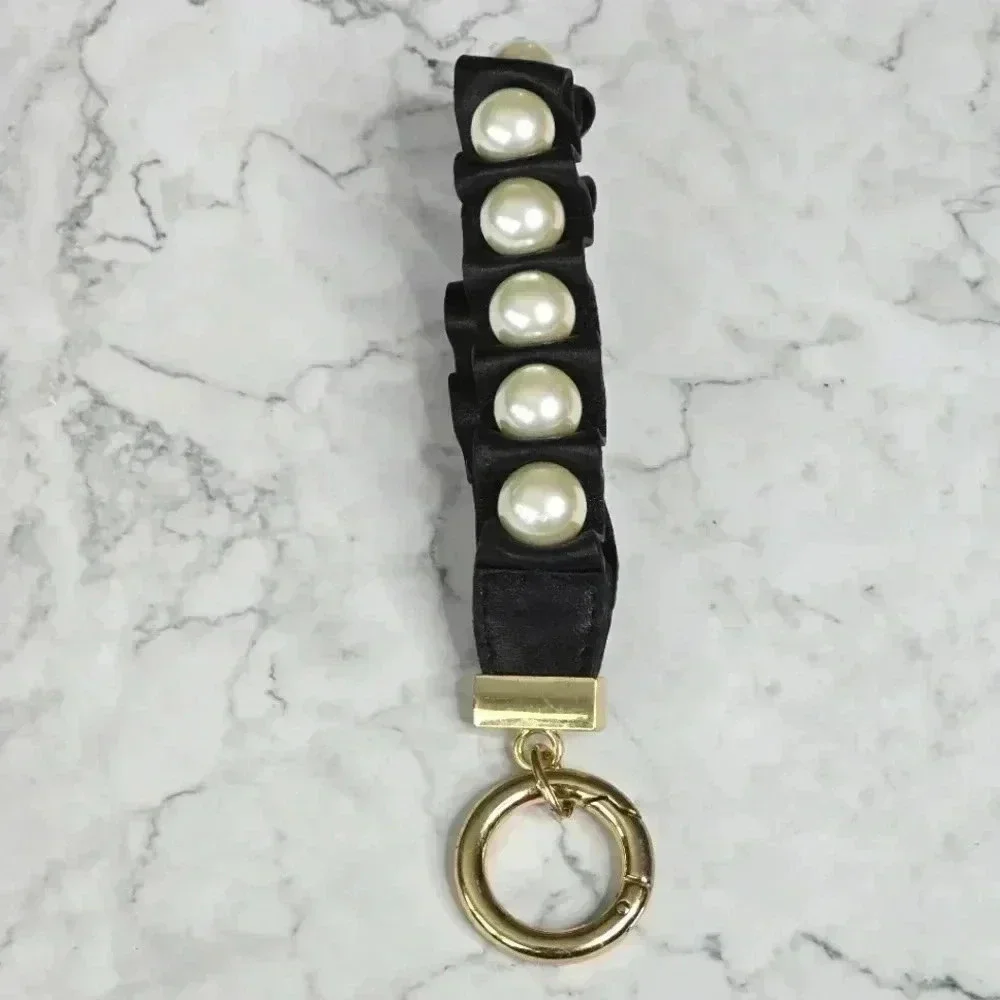 Black Faux Leather Pearl Accent Circle Clip Hook Wristlet‎ Keychain