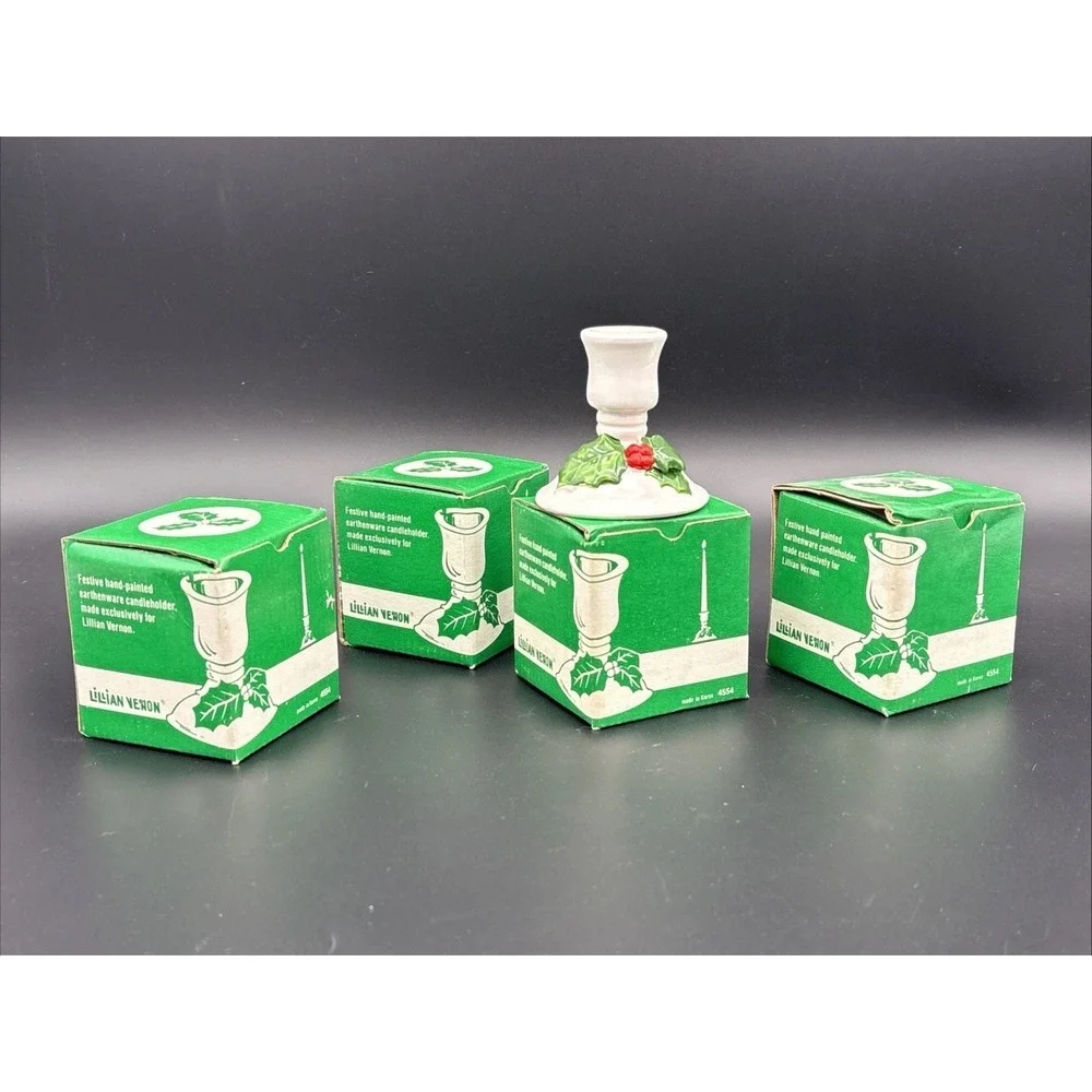 Vintage Lillian Vernon Hand-Painted Earthenware Festive Candleholder Set of 4