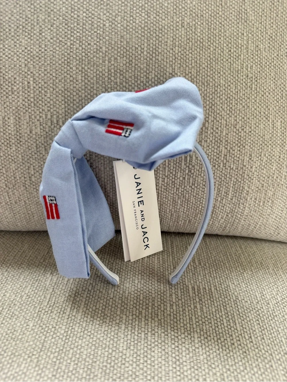 Janie and Jack Light Blue Embroidered Flag Bow Headband