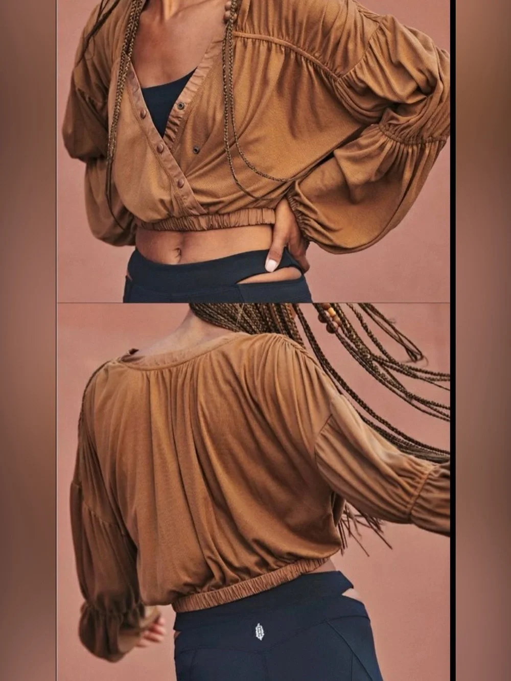 Free People Cropped Balloon-Sleeve Top in Camel Brown
