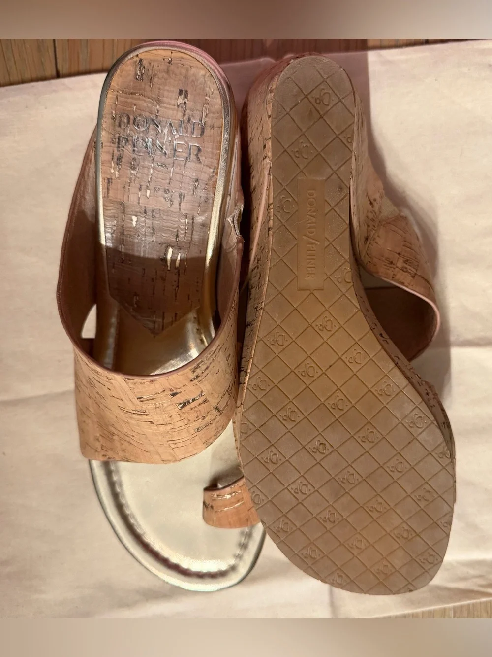 Donald J. Pliner Cork Wedge Slide Sandal in Cork with gold metallic flakes