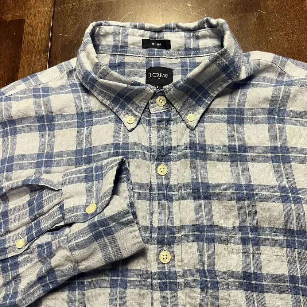 J‎ Crew Shirt Mens Large Blue Plaid Button Up Linen Casual Slim Lightweight