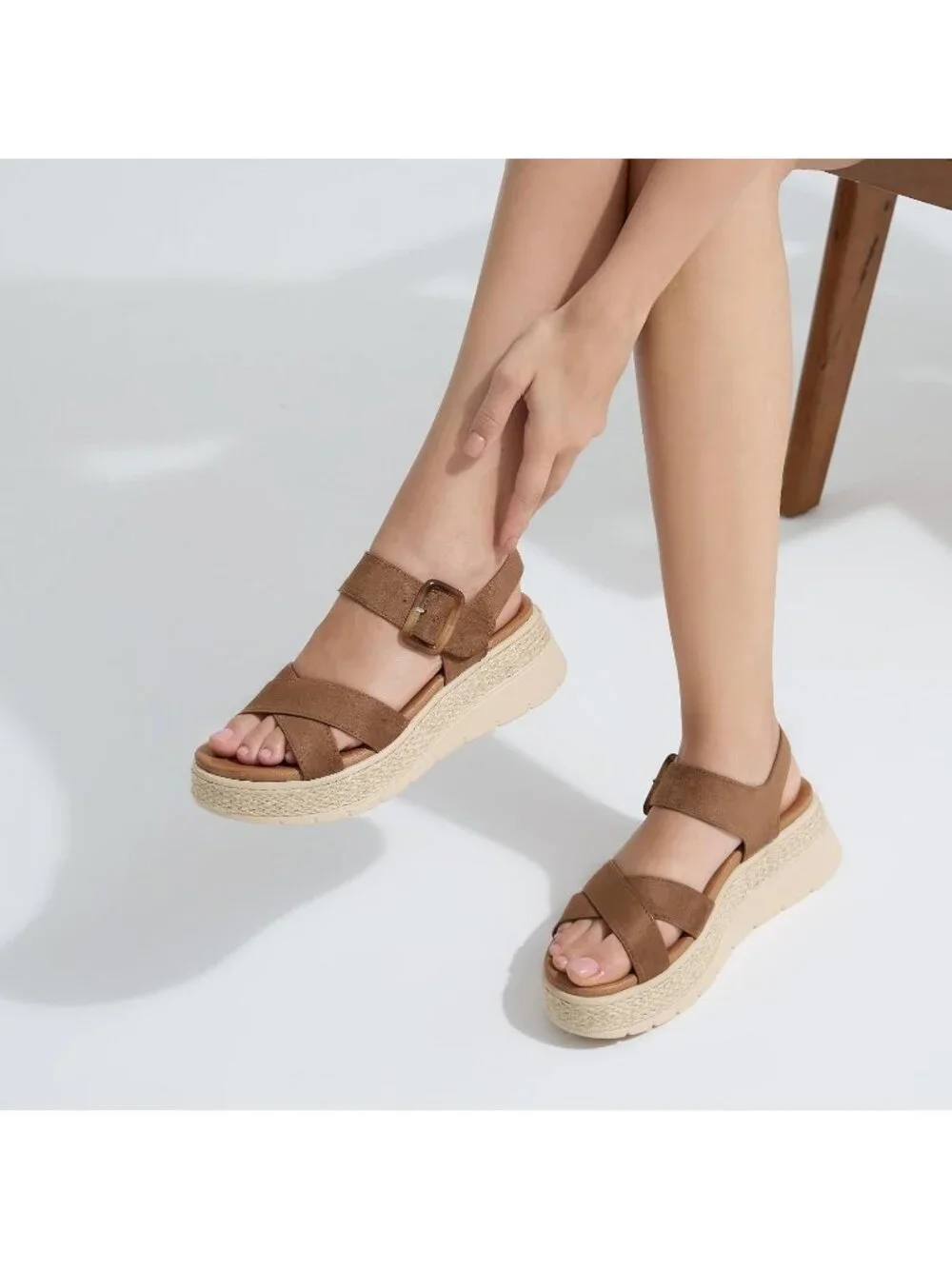 Womens Brown Comfortable Solid Espadrille Low Wedge Heel Platform Sandal Shoes