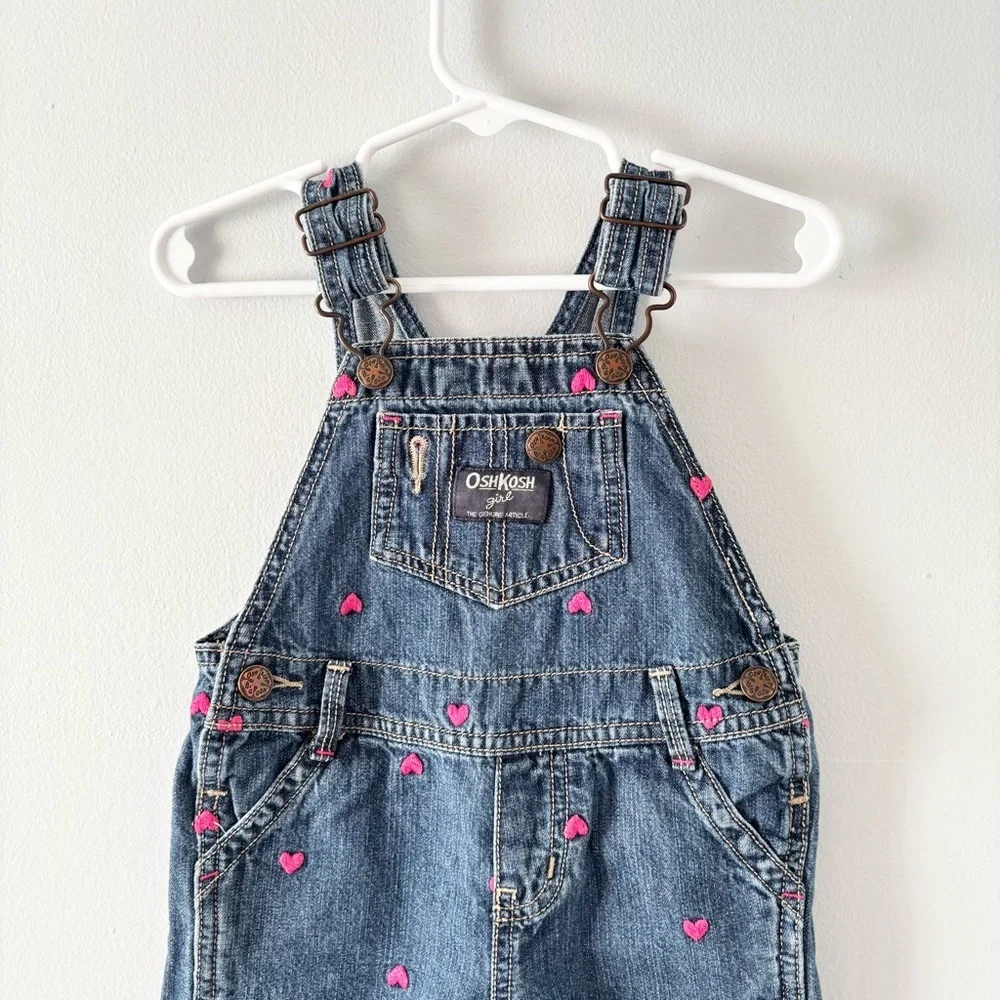 OshKosh B'gosh Vintage Baby Girl’s Denim Heart Overalls Jeans One Piece