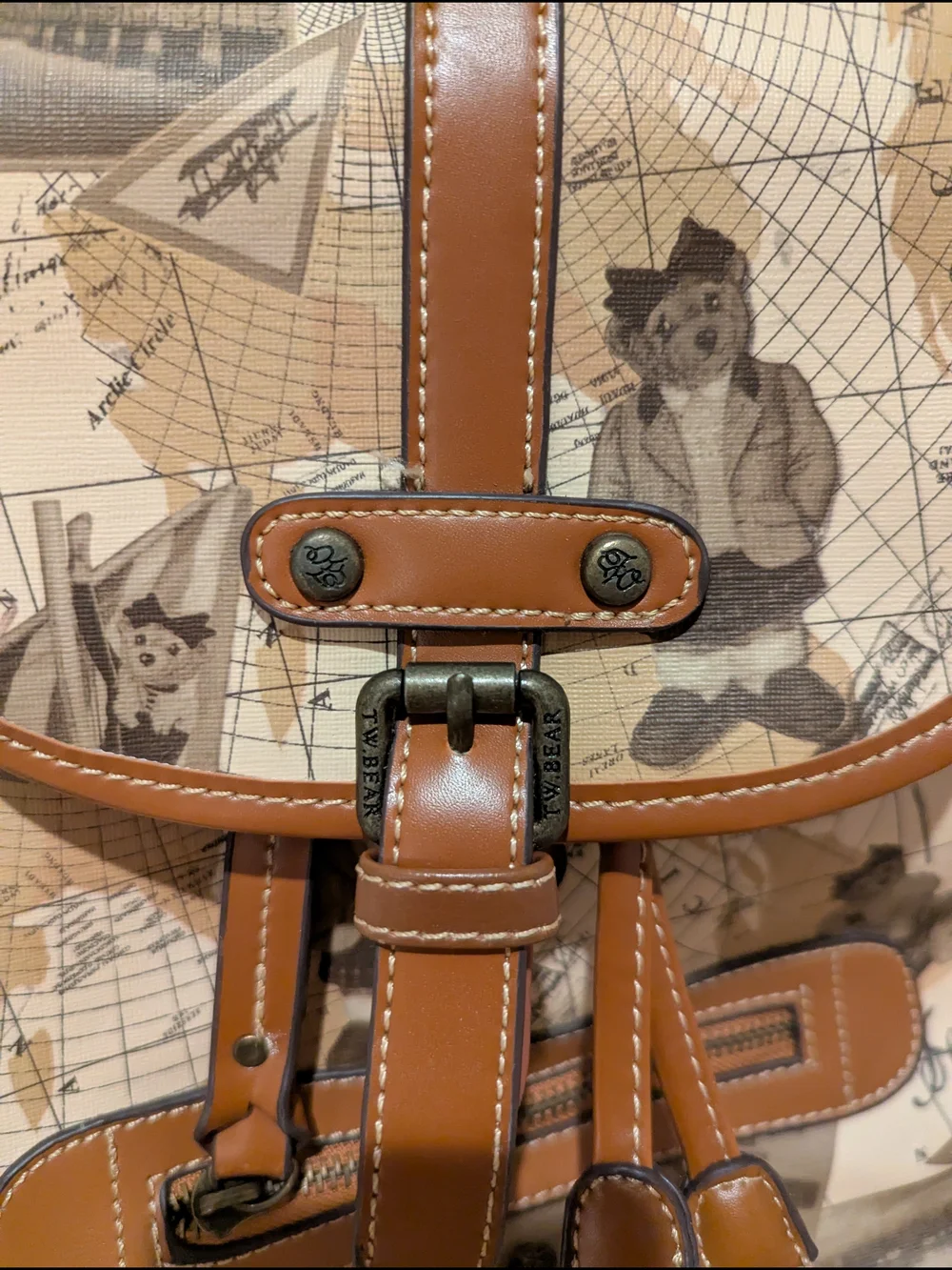Canvas Map And Bear Print Mini Backpack with Brown Trim