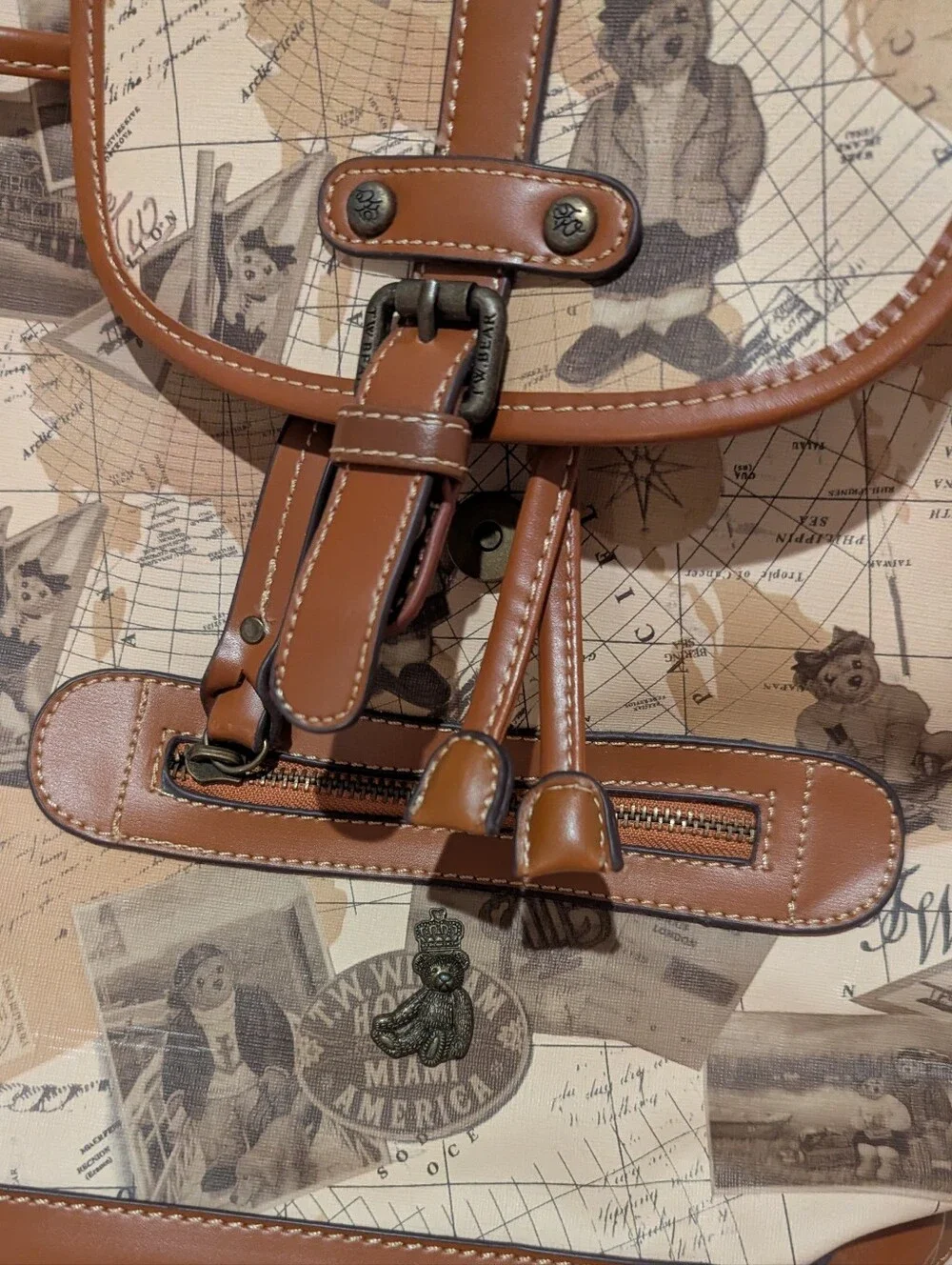 Canvas Map And Bear Print Mini Backpack with Brown Trim