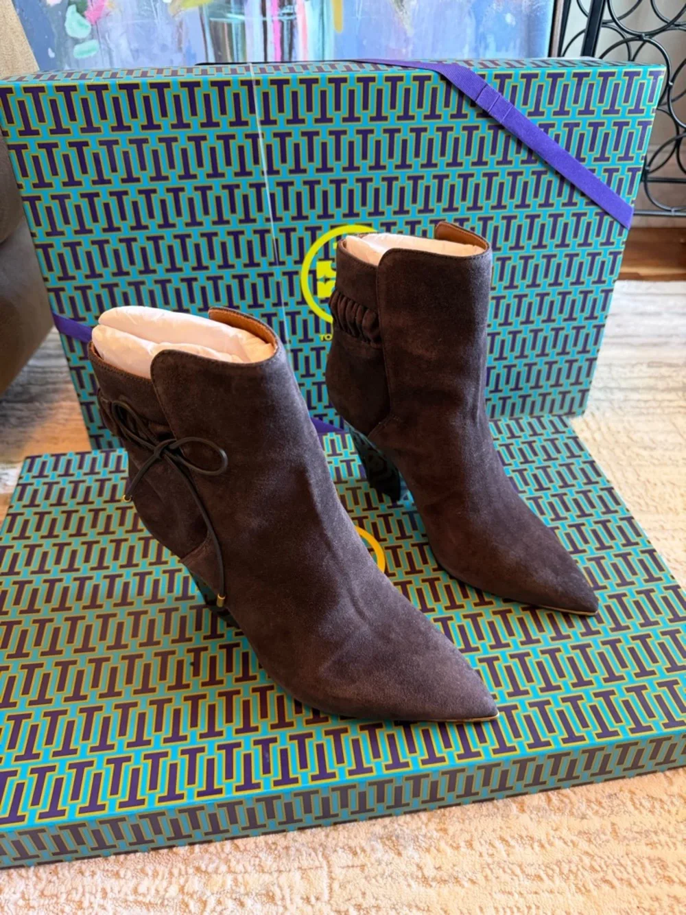 Tory Burch Dark Gray Suede Pointed Ankle Booties
