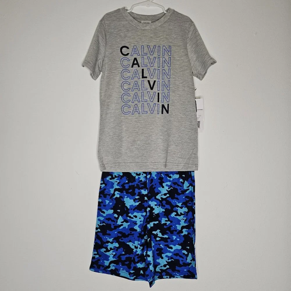 NWT Calvin Klein Boy's Gray/Blue Camouflage 2 Piece Set-Pajamas/Shorts Size 7-8