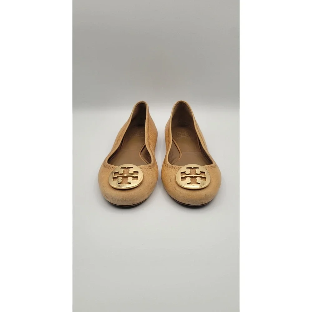 Tory Burch Reva Women's Ballet Flats 8M Tan Pebbled Leather Gold Logo