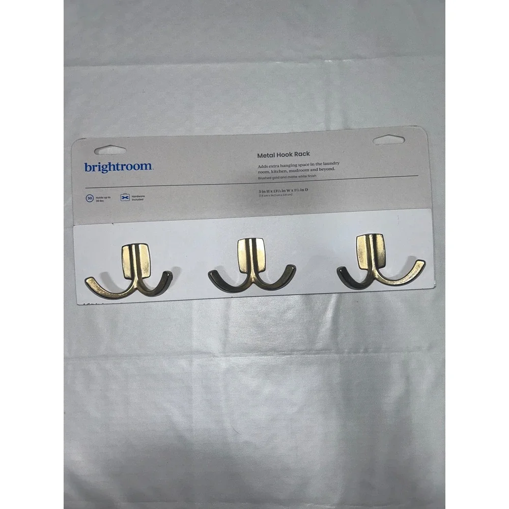 Brightroom‎ Metal Hook Rack Brushed Gold Matte White 3 Double Hooks 13.5in NWT