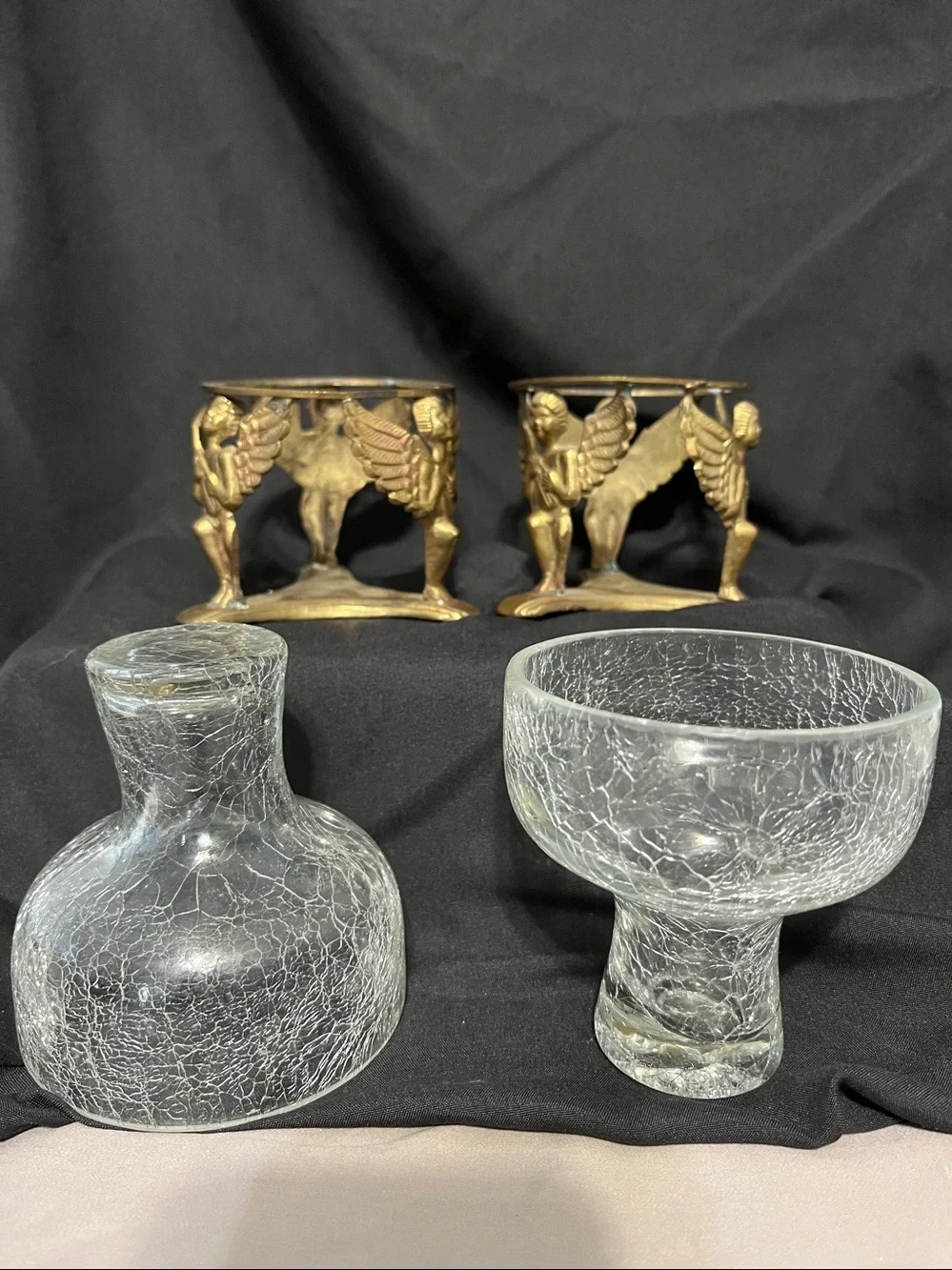 Pair of vintage brass and crackle glass cherub candle holder.