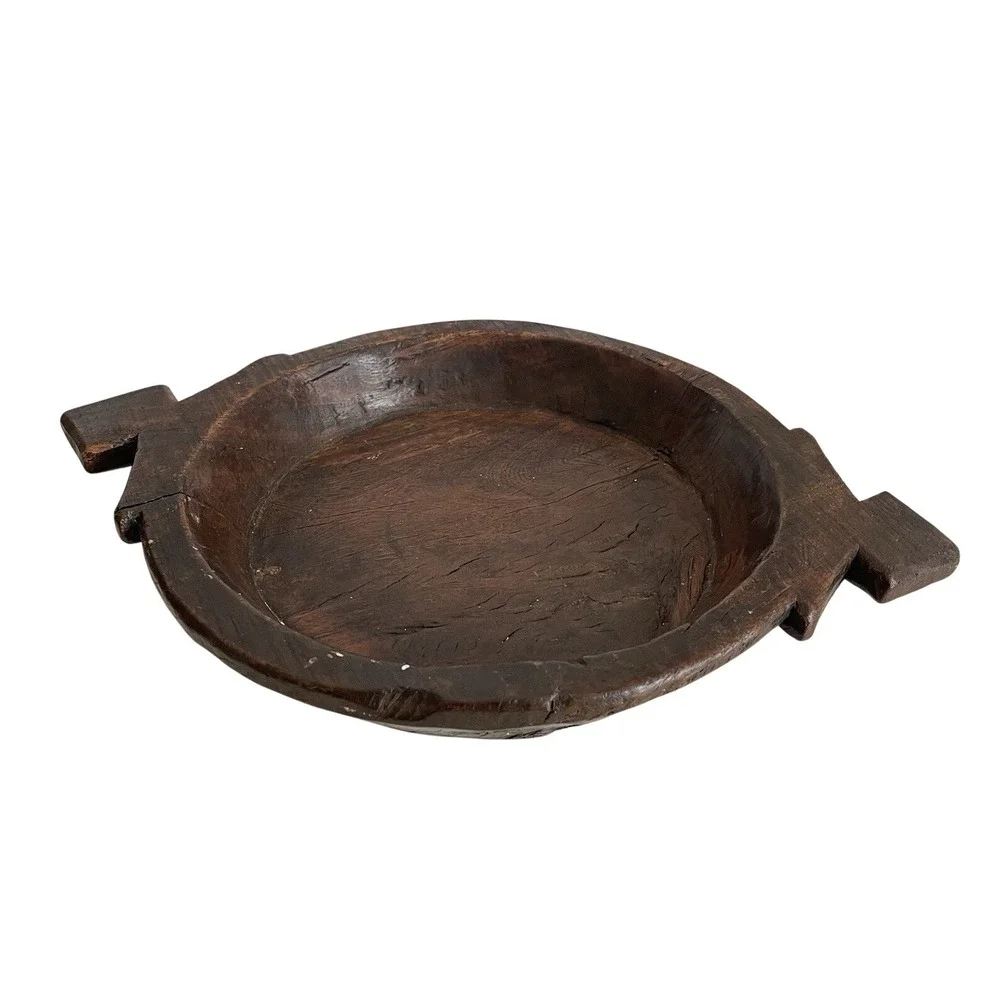 Vtg Wood Dough Bowl Rustic Hand Carved Primitive Wooden Handled Trough Knead 17