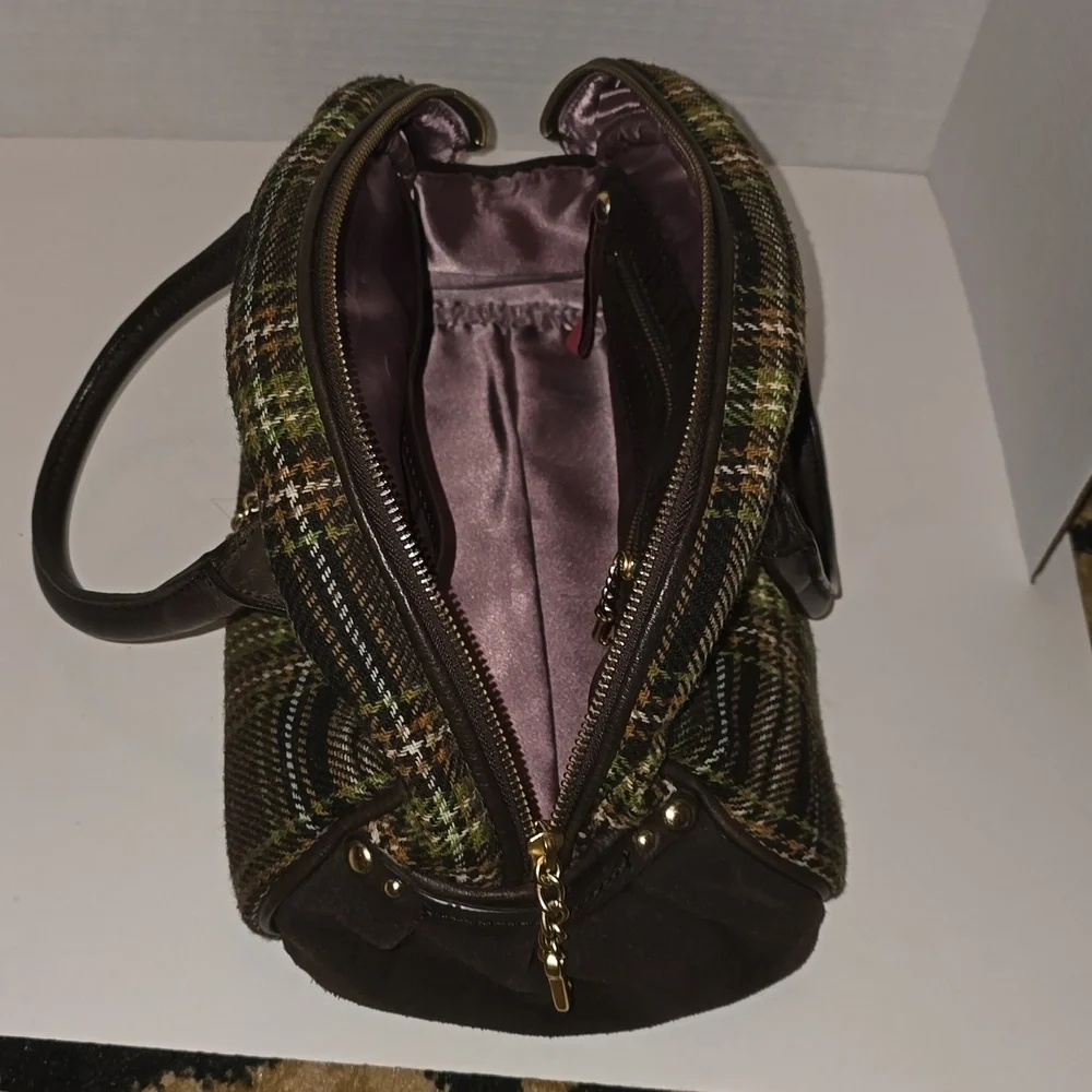 Juicy Couture Brown and Green Plaid Bowler Bag