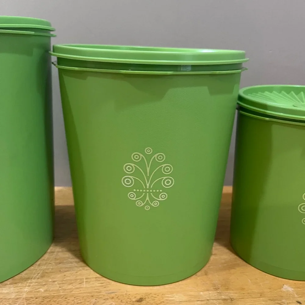 Vtg Tupperware Servalier Canister Set 4pc Lime Green Sunburst Lids 70s Retro MCM