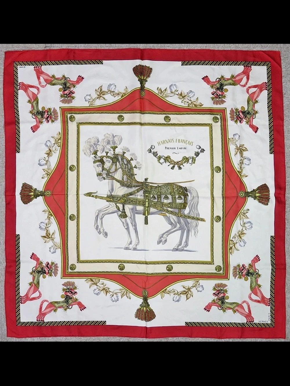 Hermes White Red and Gold Horse Harness Silk Scarf