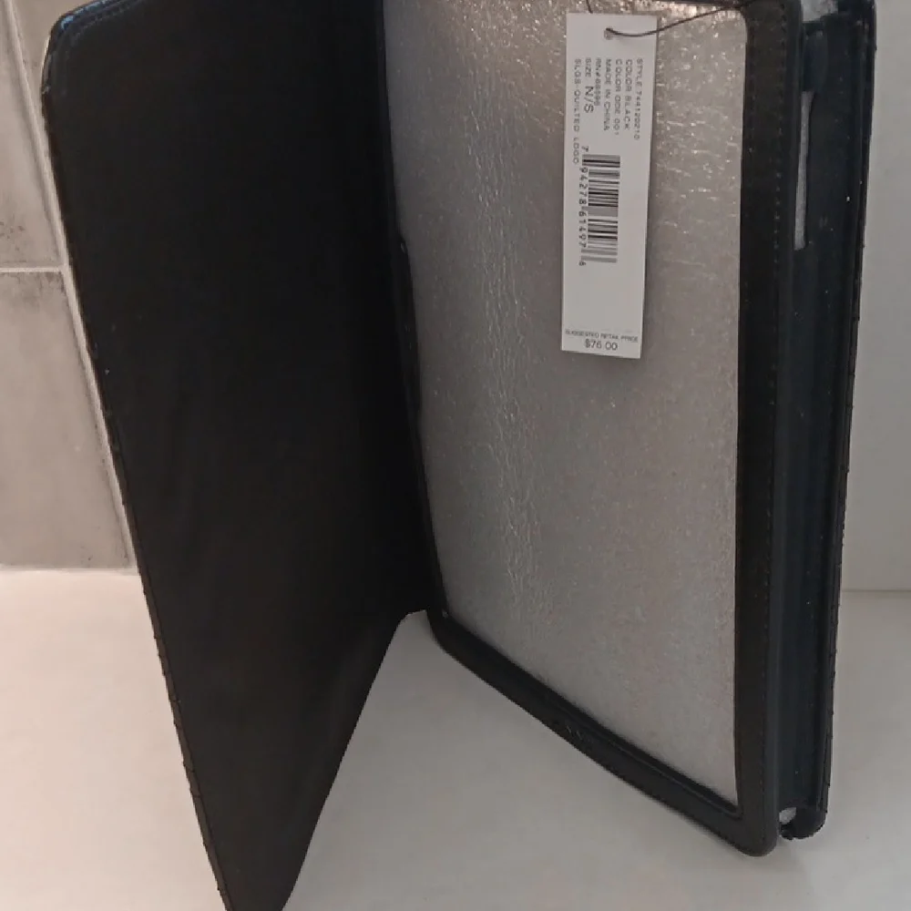 DKNY Black Glossy Monogram Quited Logo Tablet Cover with Elastic Closure New