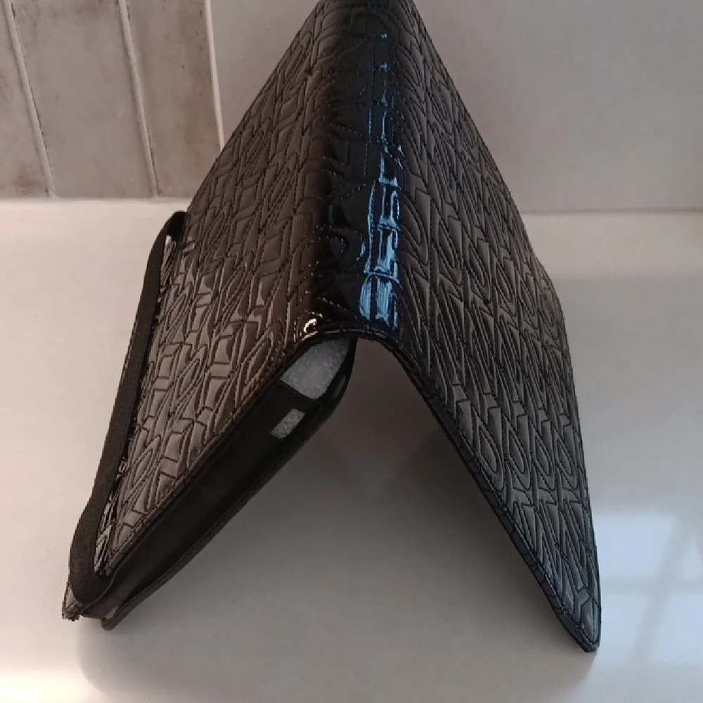 DKNY Black Glossy Monogram Quited Logo Tablet Cover with Elastic Closure New