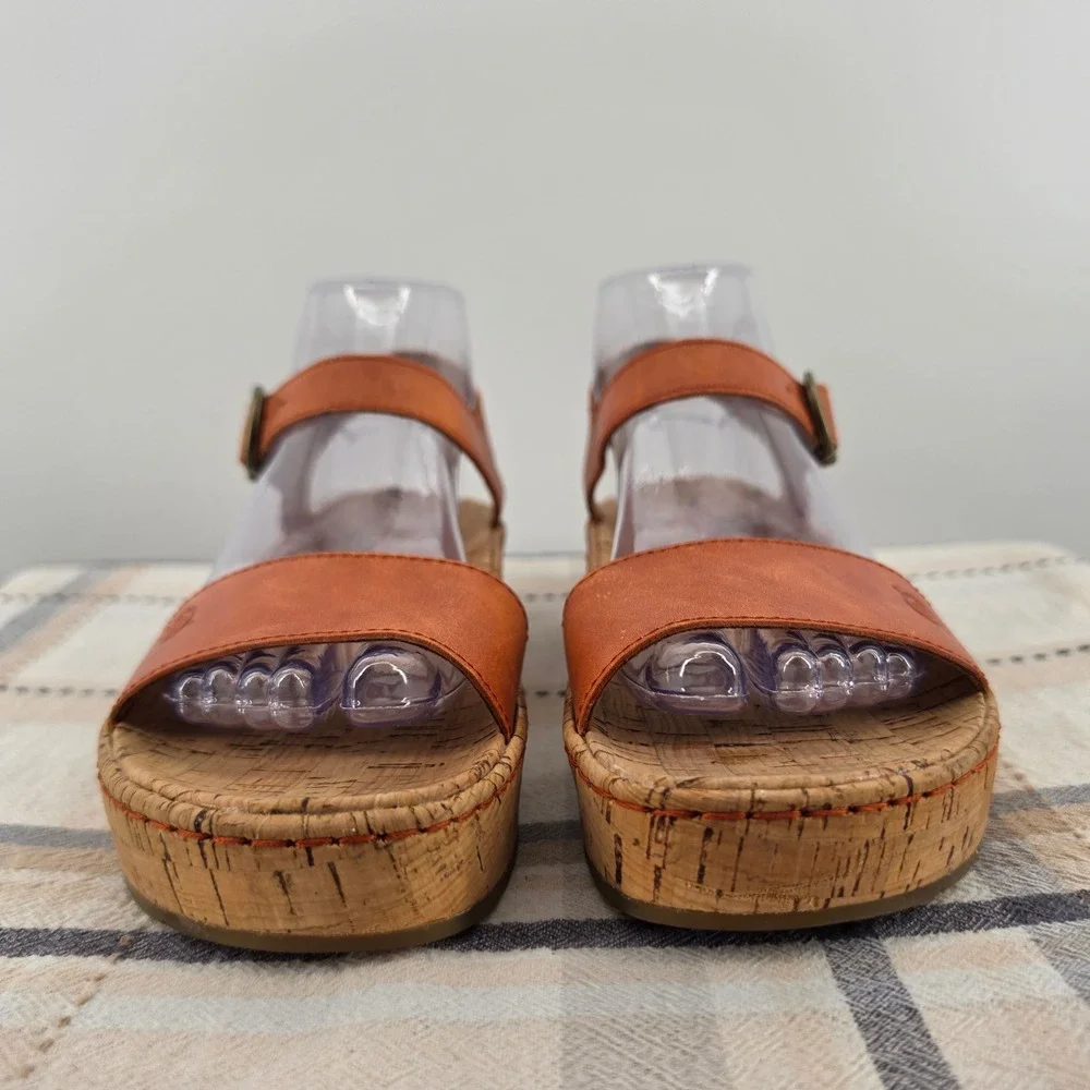 B.O.C. Born Leather Platform Wedge Sandals Coral Tan Cork Ankle Strap Women's 7M