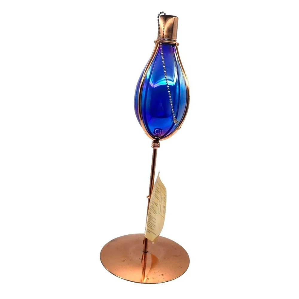 Hand Blown Blue Irridized Glass Oil Lamp on 18
