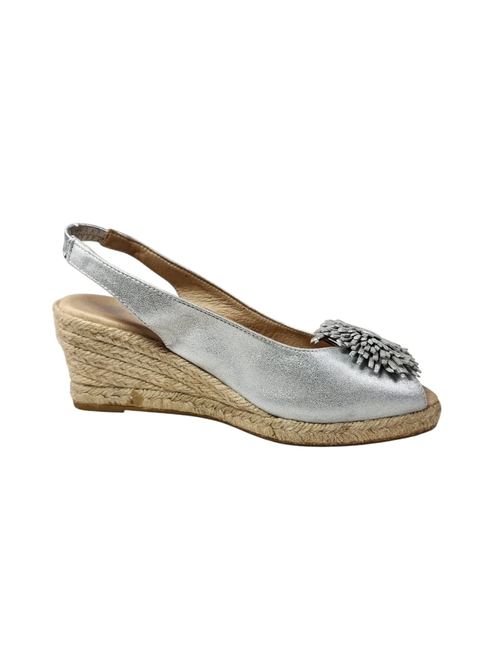 Eric Michael Silver Metallic Leather Espadrille Wedge Slingback Sandals Pom 6.5