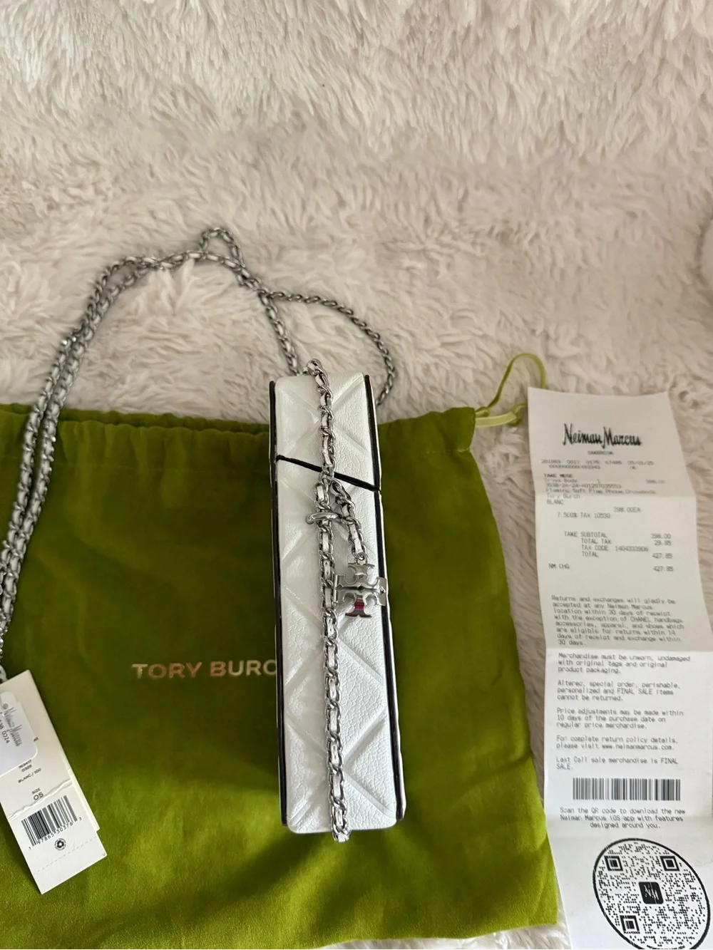 Tory Burch White Quilted Phone Crossbody with Silver Chain