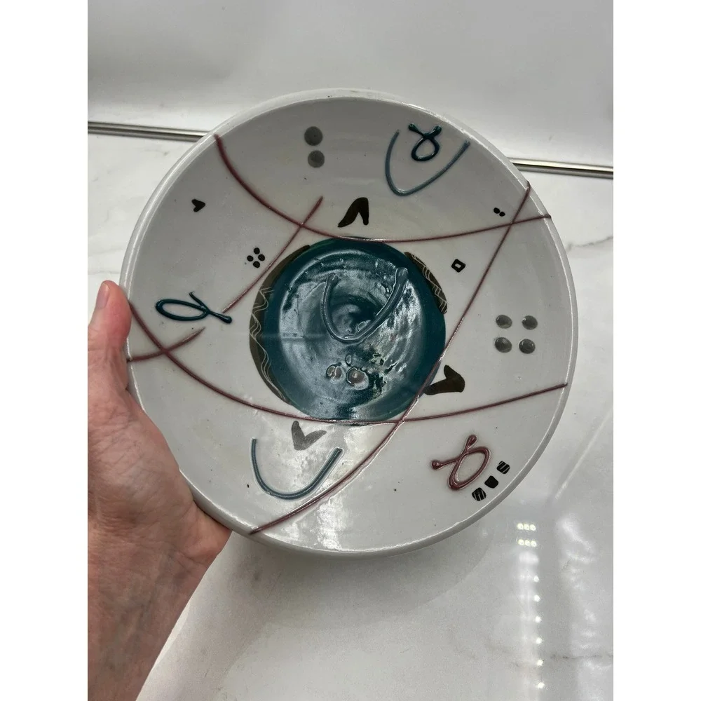 Klausner Studio Pottery Abstract Geometric Ceramic Bowl Post Modern 8.5in