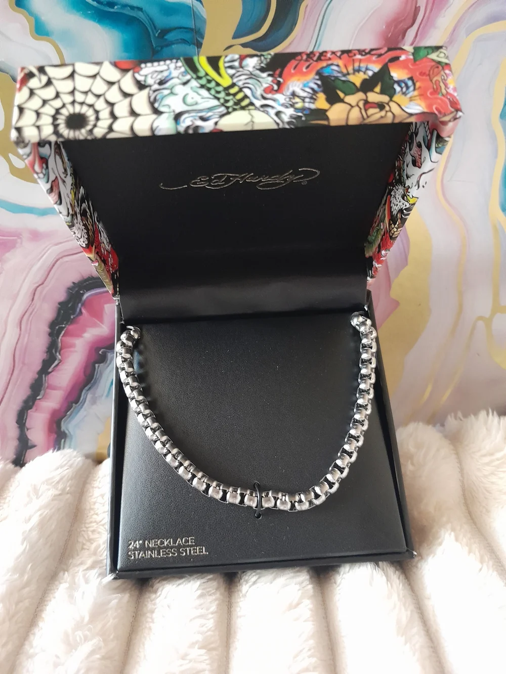 Ed Hardy Stainless Steel Box Chain Necklace -  24