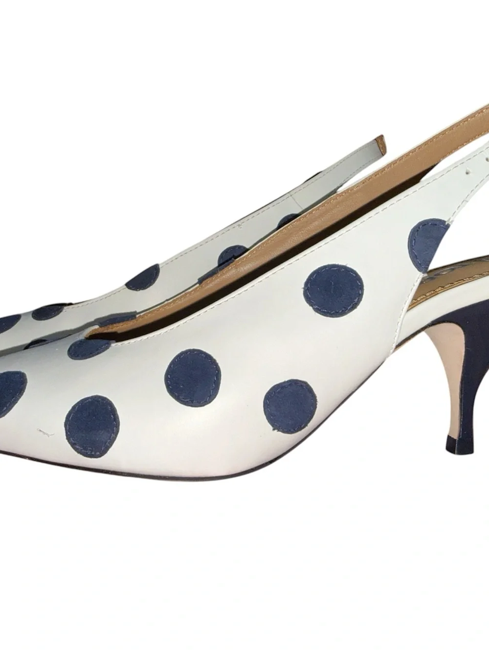Tory Burch White Slingback Heels with Navy Polka Dots