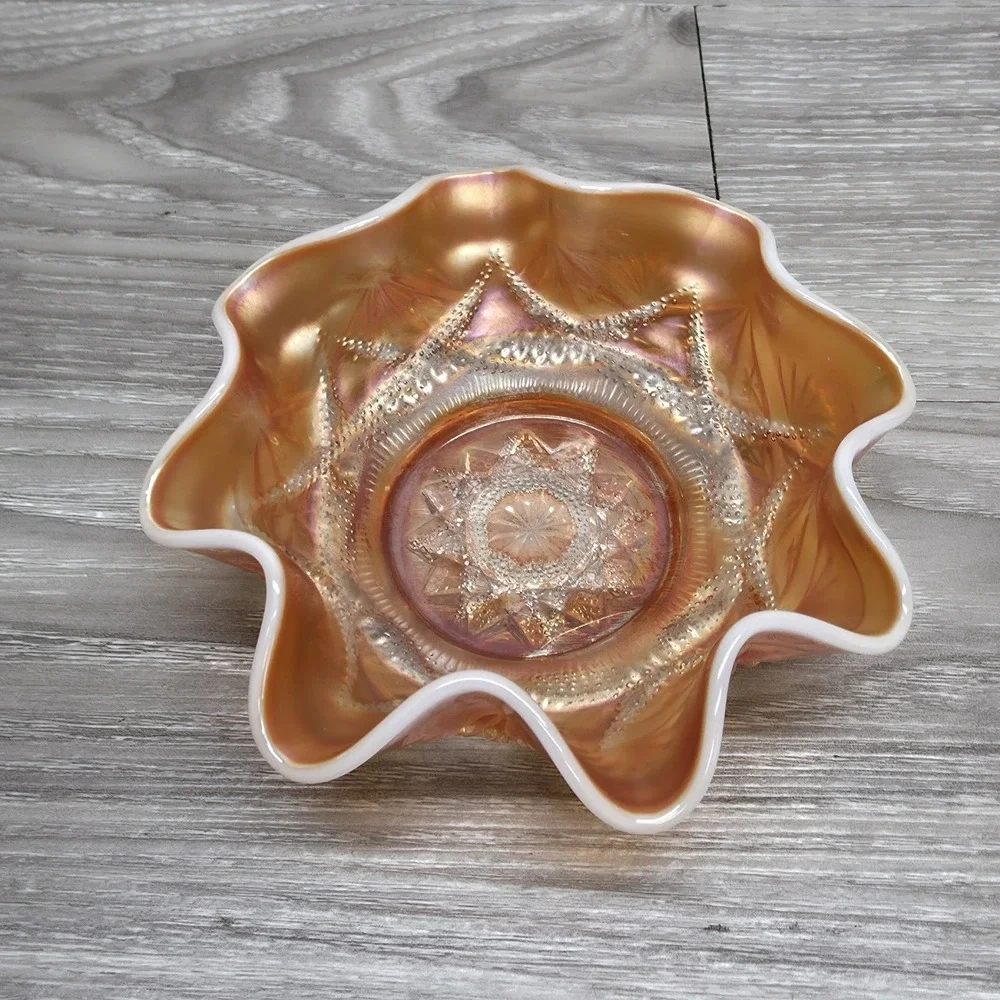 Dugan Ski Star Style‎ Ruffled Bowl - Peach Opal Carnival Glass 6