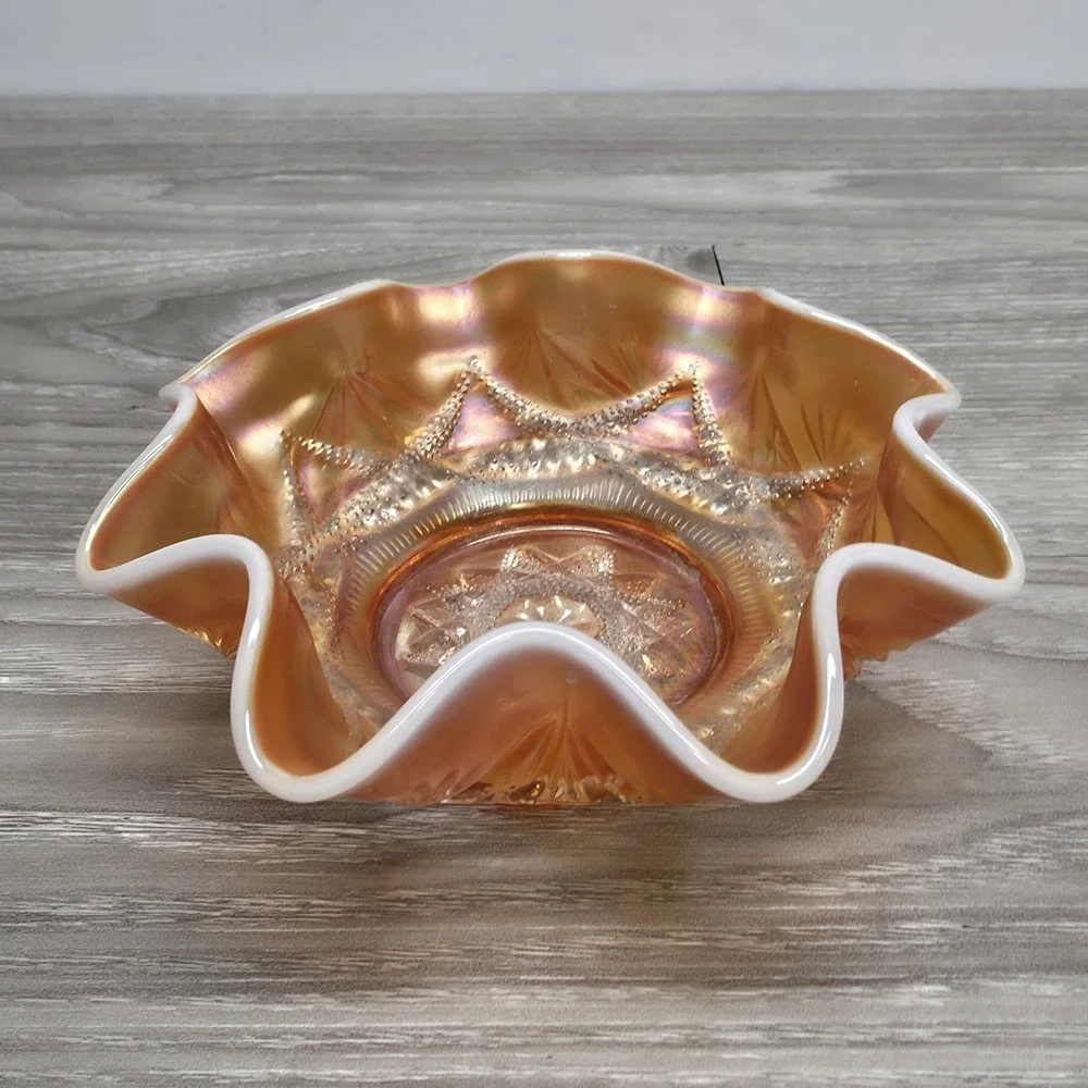 Dugan Ski Star Style‎ Ruffled Bowl - Peach Opal Carnival Glass 6
