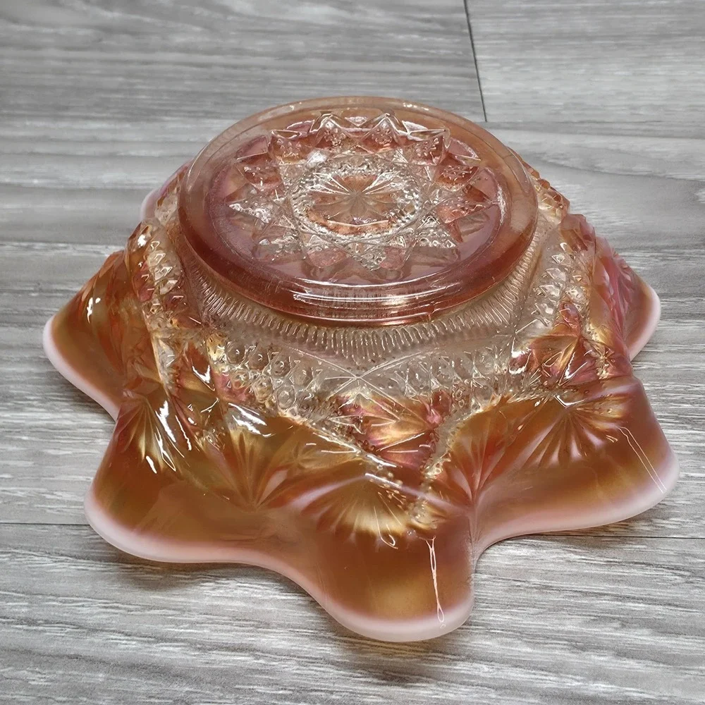Dugan Ski Star Style‎ Ruffled Bowl - Peach Opal Carnival Glass 6