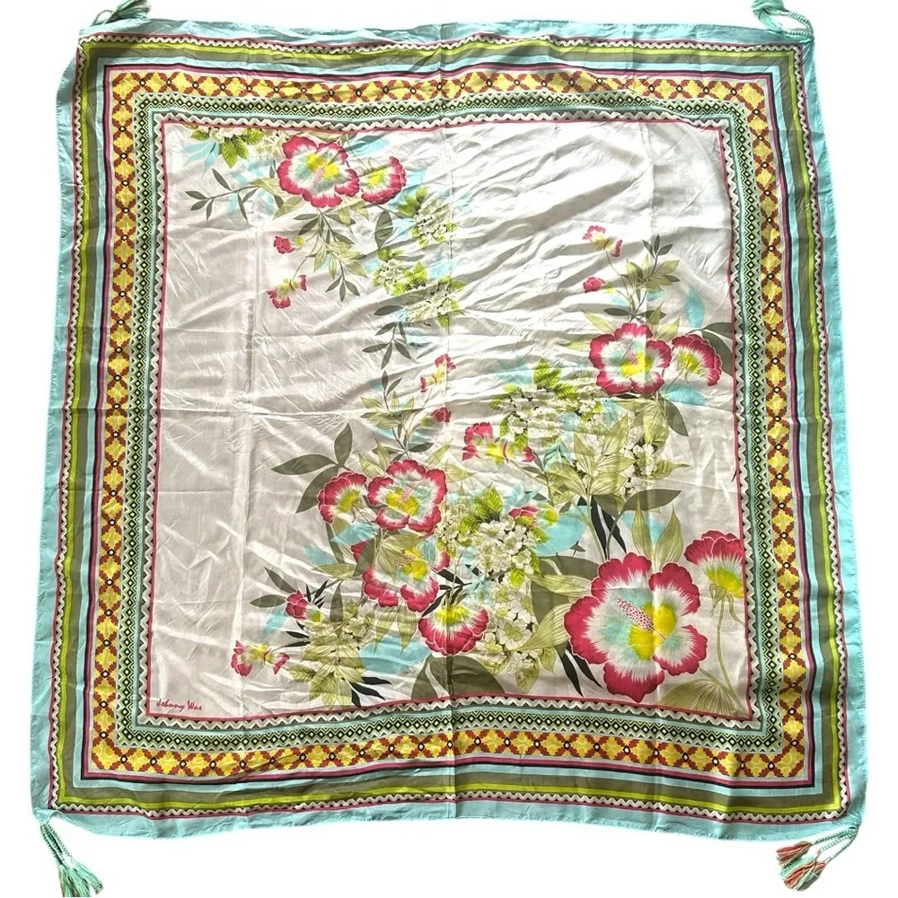 Johnny Was Aqua Multicolor Patterned Silk Scarf with Tassels