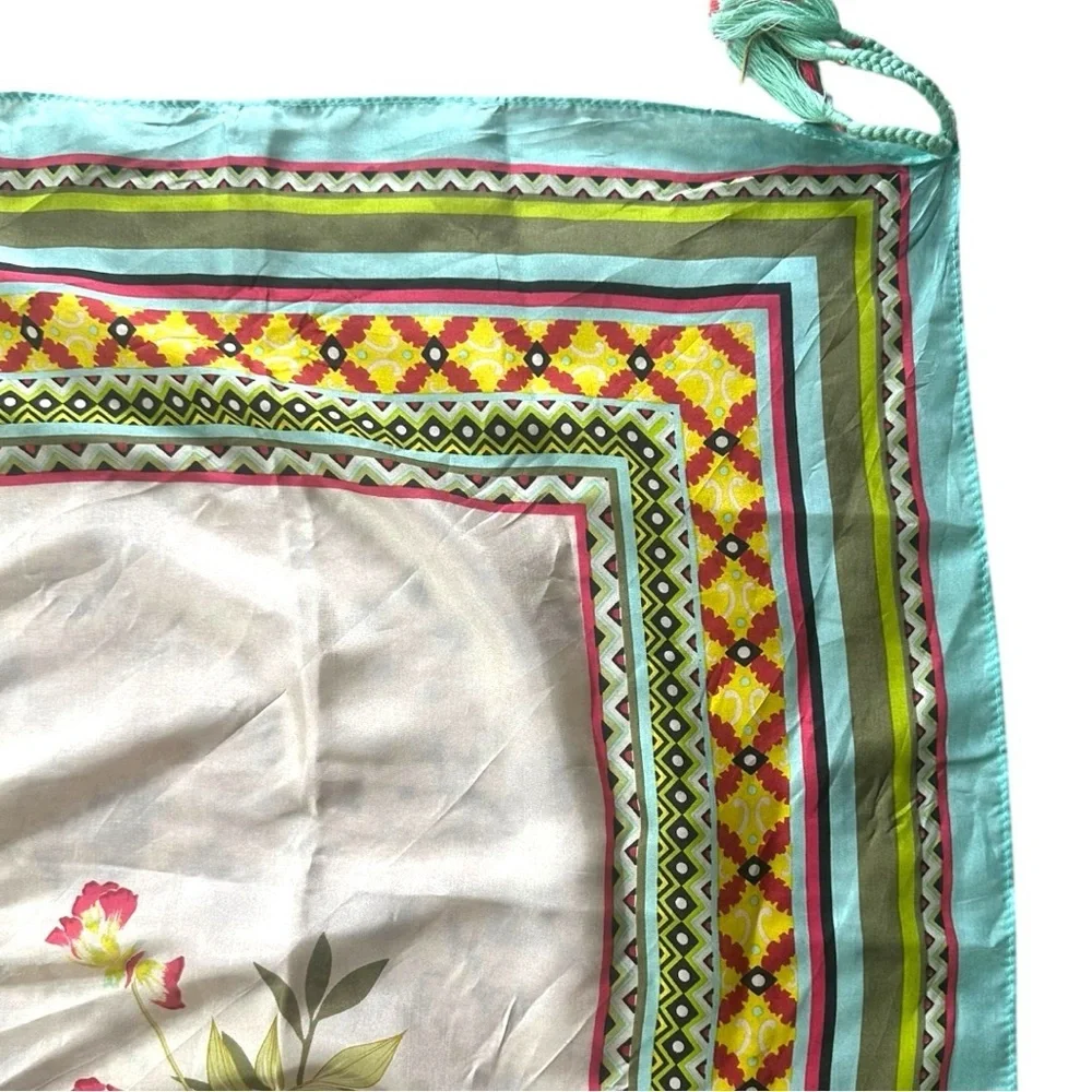 Johnny Was Aqua Multicolor Patterned Silk Scarf with Tassels