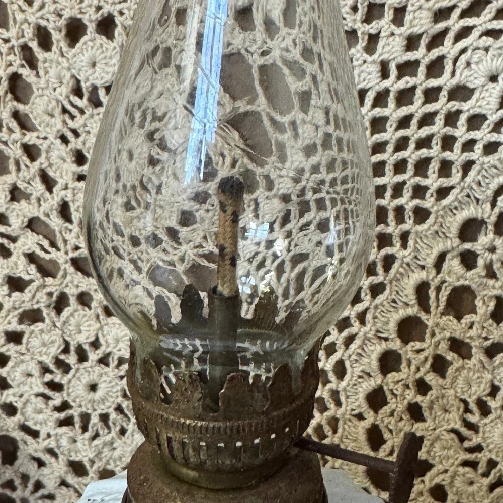 Vtg White Metal Miniature Oil Lamp Ruffled Glass Chimney Cottagecore Shabby Chic