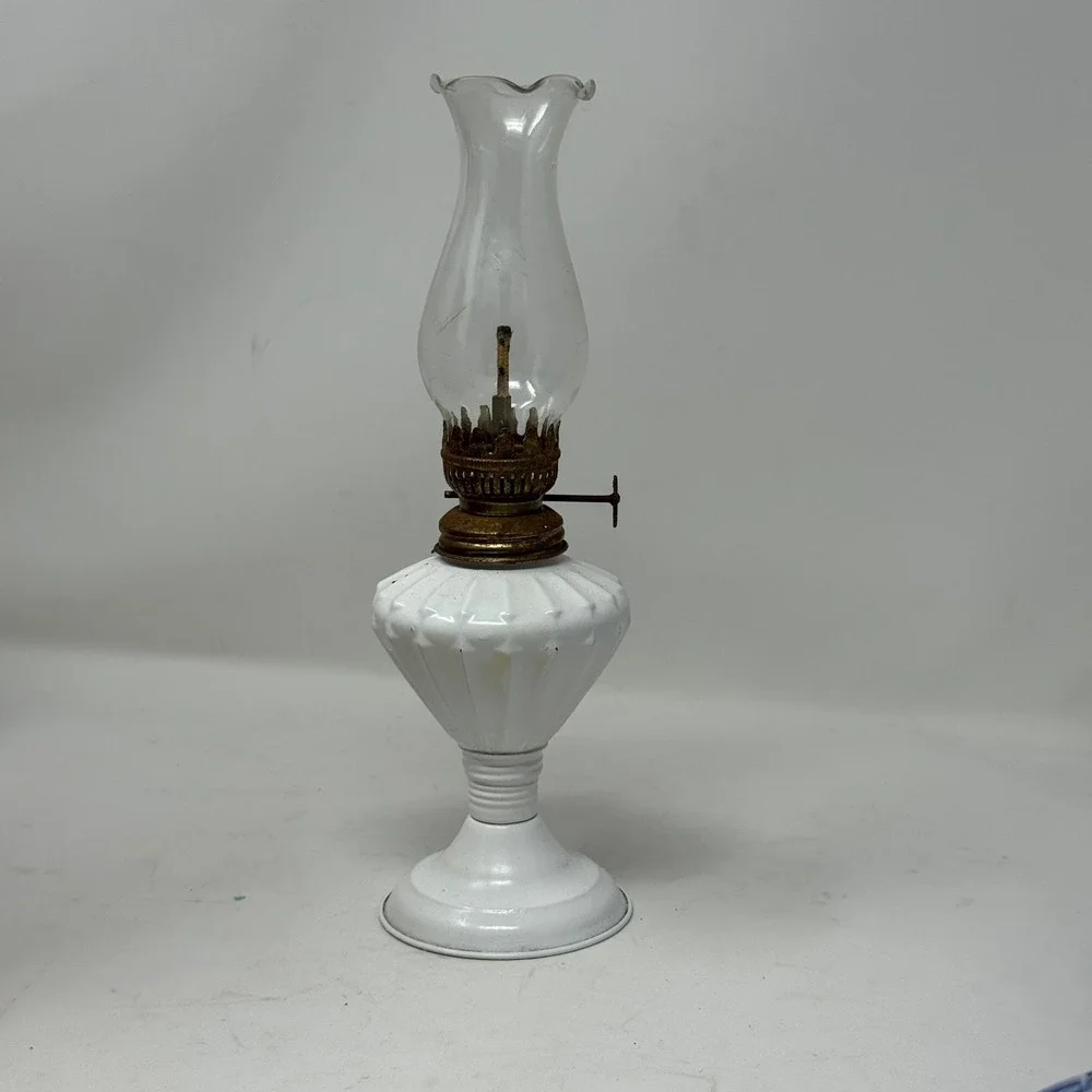 Vtg White Metal Miniature Oil Lamp Ruffled Glass Chimney Cottagecore Shabby Chic