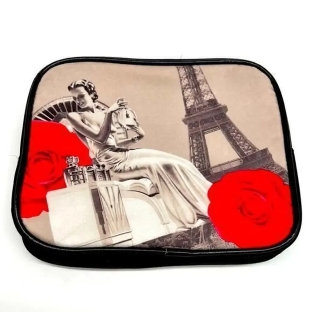 Gray, Red and black cosmetic bag. Beautiful classy pattern