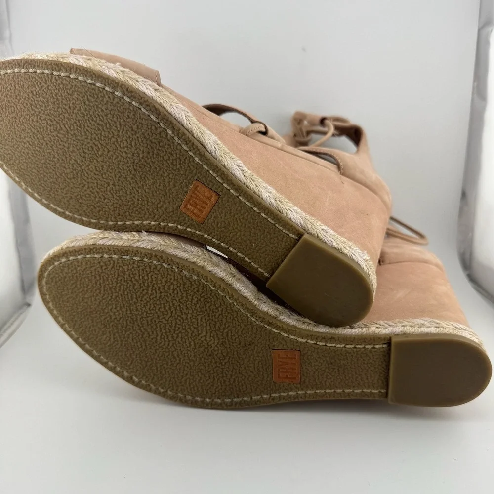 Frye Espadrille Wedge Sandals 8.5 Tan Lace Up‎ Leather Jute Platform
