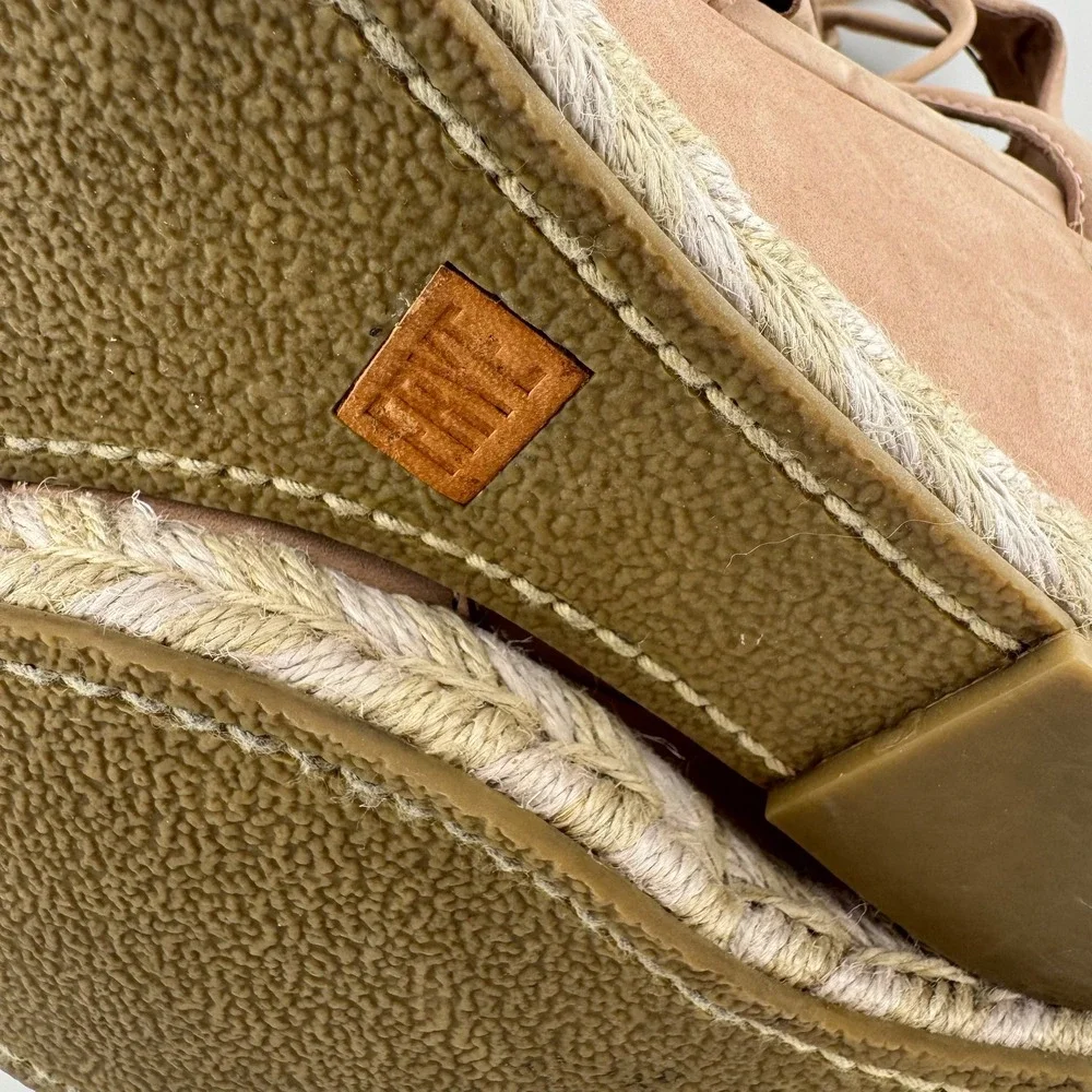 Frye Espadrille Wedge Sandals 8.5 Tan Lace Up‎ Leather Jute Platform