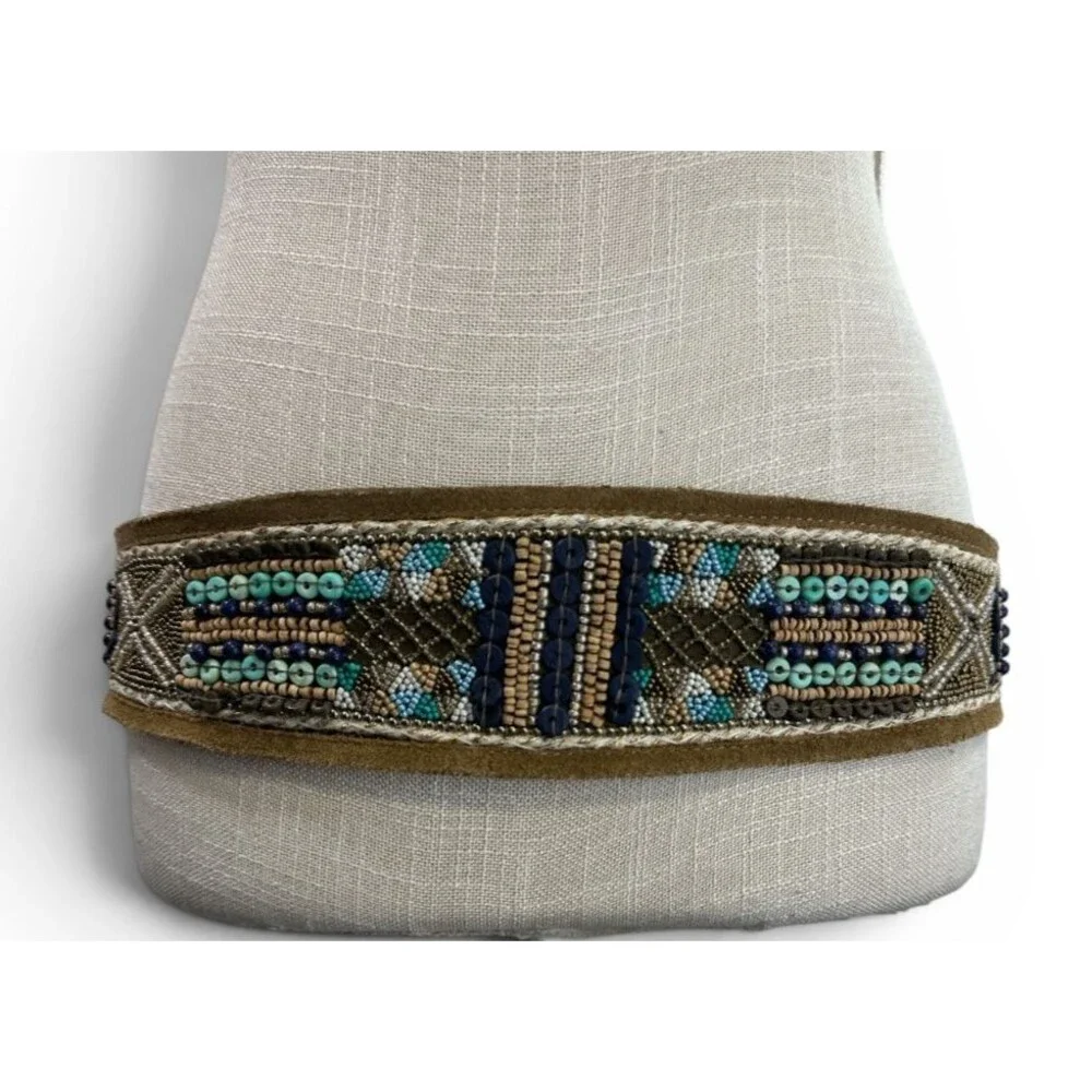Chico's Leather Beaded Wide Belt Women’s Sz M NWT Snap Multi-color Statement