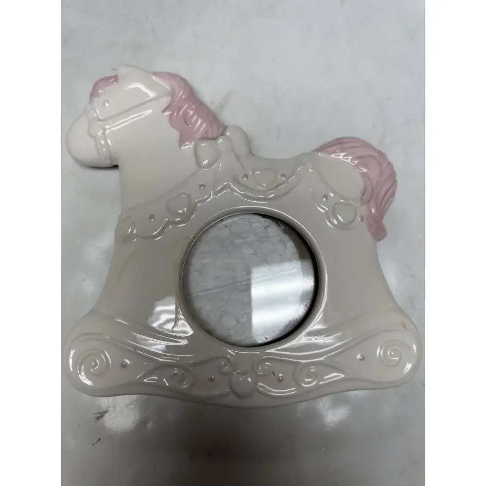 Vintage 1991‎ Pink Rocking Horse Picture Frame Ceramic Nursery Baby Room Decor
