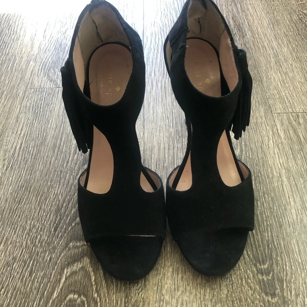 kate spade Black Suede Tassel T-Strap Stiletto Heels
