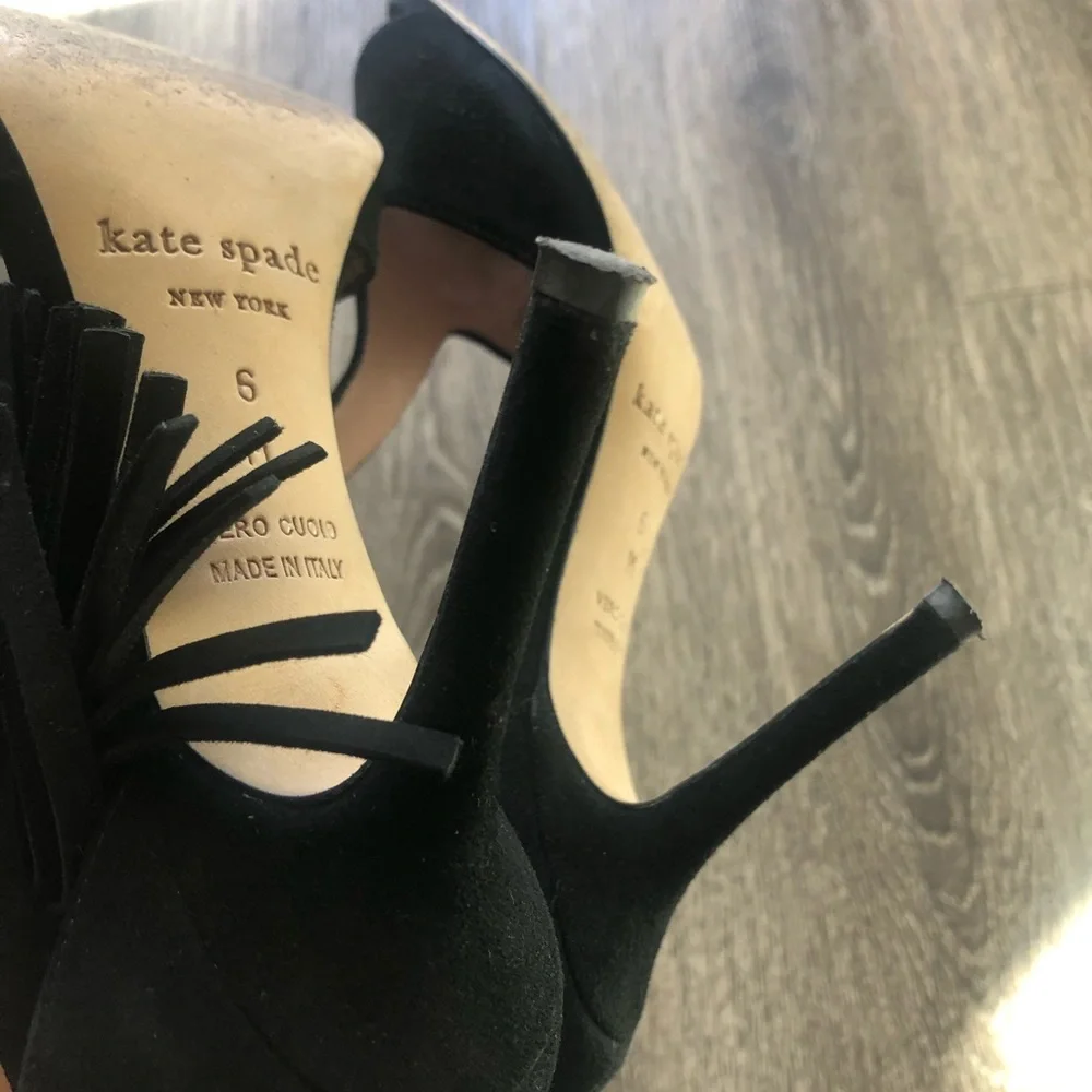 kate spade Black Suede Tassel T-Strap Stiletto Heels