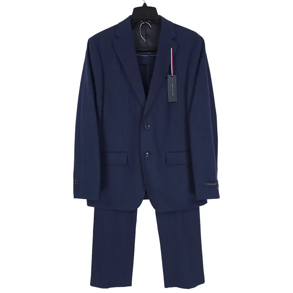 Tommy Hilfiger Mens Modern Fit 2 Piece Suit 36S 32x30 Navy Linen Cotton Blend