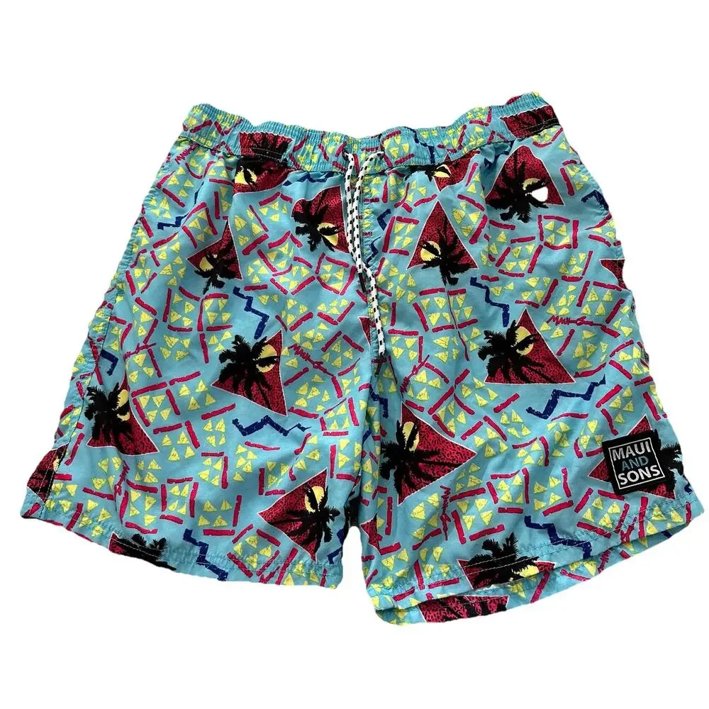 Maui and Sons‎ Mens Swim Trunks Shorts Palm Tree Print 80s Retro Size Large Blue