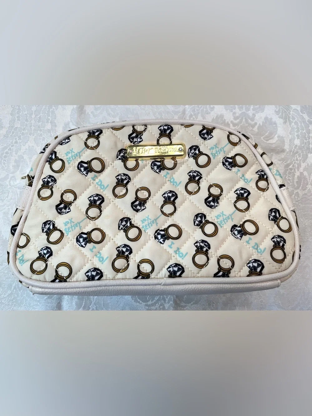 Betsey Johnson Quilted Cosmetic Pouch with Heart Charm